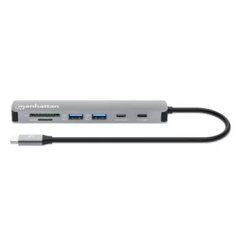 Stacja dokująca / hub Manhattan USB-C z czytnikiem kart, porty (5 szt.): HDMI, USB-A (2 szt.) i USB-C (2 szt.), z Power Delivery (PD) 100 W – wymaga zewnętrznej ładowarki USB-C (brak w zestawie). Zasilana przez USB (bez zewnętrznego zasilacza), gdy PD nie jest używane