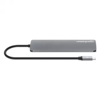 Stacja dokująca / hub Manhattan USB-C z czytnikiem kart, porty (5 szt.): HDMI, USB-A (2 szt.) i USB-C (2 szt.), z Power Delivery (PD) 100 W – wymaga zewnętrznej ładowarki USB-C (brak w zestawie). Zasilana przez USB (bez zewnętrznego zasilacza), gdy PD nie jest używane
