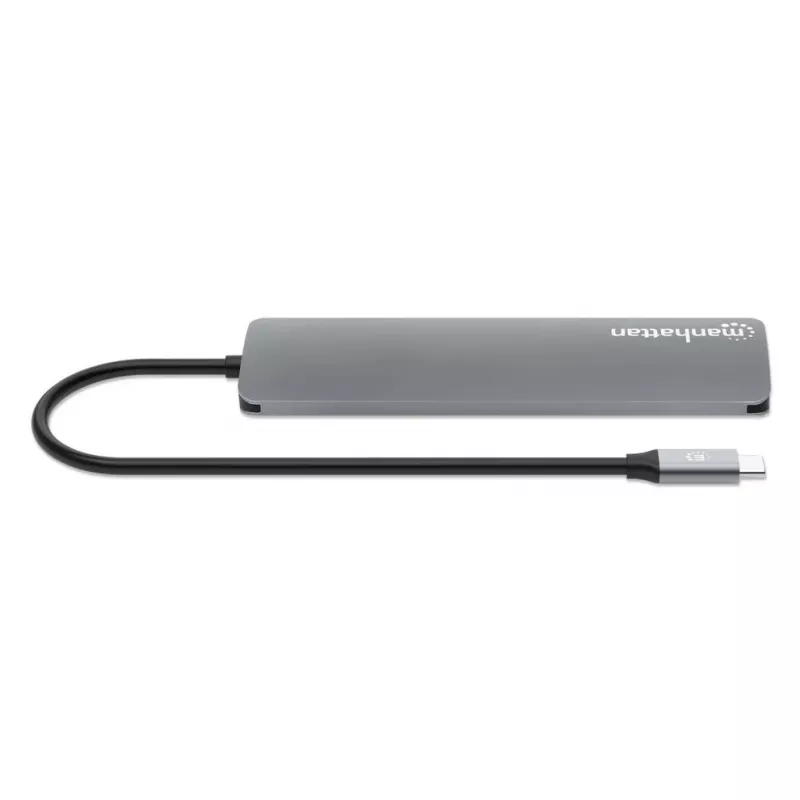 Stacja dokująca / hub Manhattan USB-C z czytnikiem kart, porty (5 szt.): HDMI, USB-A (2 szt.) i USB-C (2 szt.), z Power Delivery (PD) 100 W – wymaga zewnętrznej ładowarki USB-C (brak w zestawie). Zasilana przez USB (bez zewnętrznego zasilacza), gdy PD nie jest używane