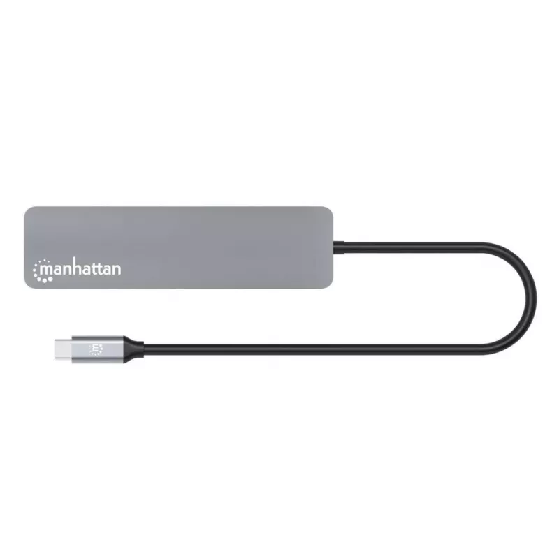 Stacja dokująca / hub Manhattan USB-C z czytnikiem kart, porty (5 szt.): HDMI, USB-A (2 szt.) i USB-C (2 szt.), z Power Delivery (PD) 100 W – wymaga zewnętrznej ładowarki USB-C (brak w zestawie). Zasilana przez USB (bez zewnętrznego zasilacza), gdy PD nie jest używane