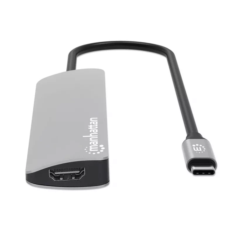 Stacja dokująca / hub Manhattan USB-C z czytnikiem kart, porty (5 szt.): HDMI, USB-A (2 szt.) i USB-C (2 szt.), z Power Delivery (PD) 100 W – wymaga zewnętrznej ładowarki USB-C (brak w zestawie). Zasilana przez USB (bez zewnętrznego zasilacza), gdy PD nie jest używane