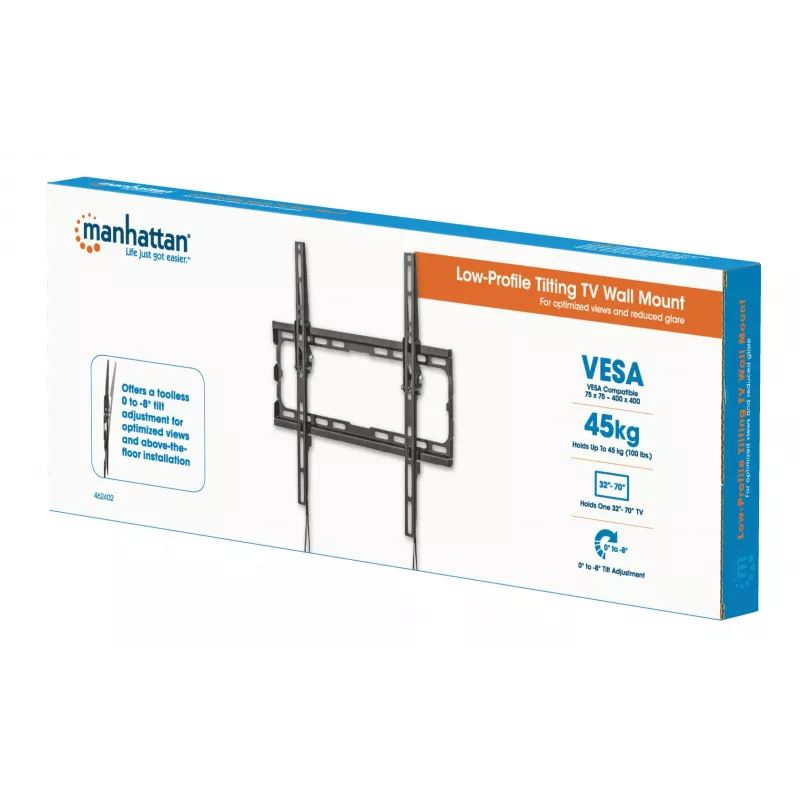 Manhattan Wall Mount for TV & Monitors (Tiltable), For screens 32 inch to 55 inch, VESA compatibility: all between 200x200mm to 400x400mm - check the dimensions of the four mounting holes on back of screen to ensure it fits, Max 35kg, Czarny, Bracket