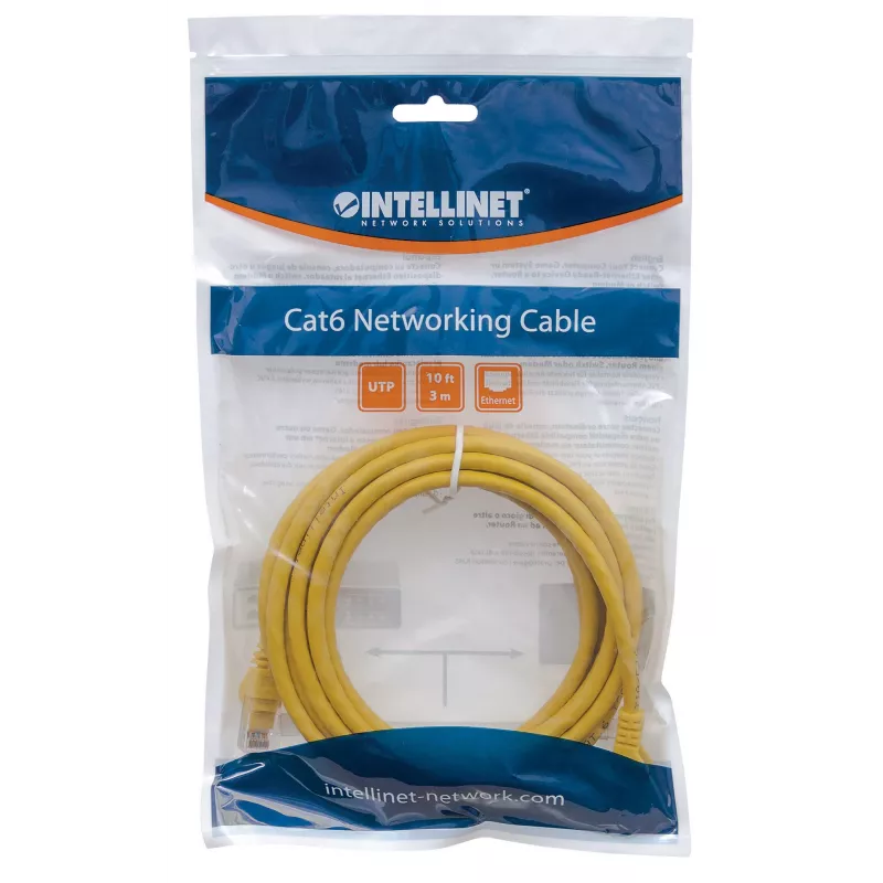 Kabel krosowy sieciowy Intellinet, Kat. 6, 2 m, żółty, CCA, U/UTP, PVC, RJ45, pozłacane styki, bezzaczepowa osłona wtyku, z odciążką, dożywotnia gwarancja