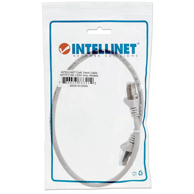 Intellinet Network kabel krosowy, Cat6, 0.5m, Szary, Miedź, S/FTP, LSOH / LSZH, PVC, RJ45, Złocone Styki, Bezzaczepowa, Osłonięta, Dożywotnia Gwarancja