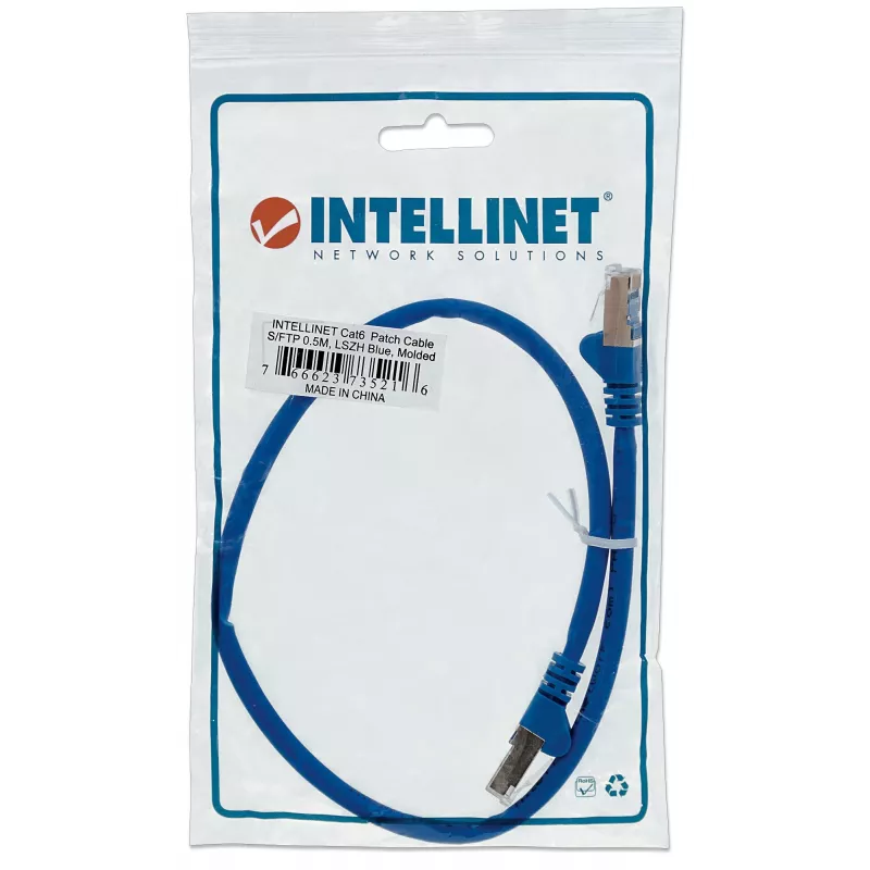 Kabel sieciowy Intellinet, Cat6, 0,5 m, niebieski, miedź, S/FTP, LSOH/LSZH, PVC, RJ45, pozłacane styki, bez zaczepów, osłona, dożywotnia gwarancja