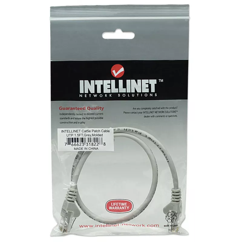 Intellinet kabel krosowy sieciowy, kat.5e, 0,5 m, szary, CCA, U/UTP, PVC, RJ45, pozłacane styki, bezzadziorowa wtyczka, osłona wtyku, dożywotnia gwarancja