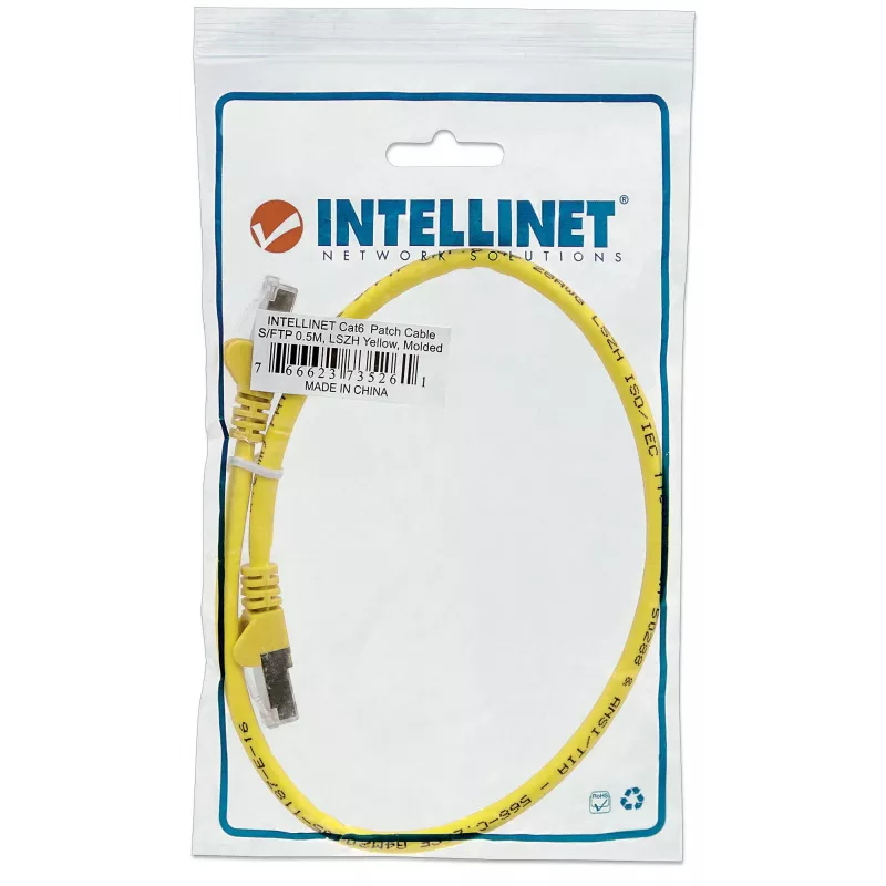 Intellinet sieciowy Patch kabel, Cat6A, 0,5 m, żółty, miedź, S/FTP, LSOH / LSZH, PVC, RJ45, pozłacane styki, bez zaczepów, z osłoną, dożywotnia gwarancja