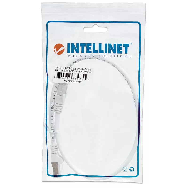 Intellinet Network kabel krosowy, Cat6, 0,5 m, biały, miedź, S/FTP, LSOH/LSZH, PVC, RJ45, pozłacane styki, zabezpieczenie przed zaczepianiem, osłona, dożywotnia gwarancja
