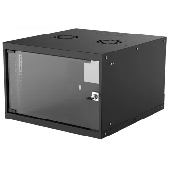 Szafa sieciowa 19 cali Intellinet do montażu na ścianie (Basic), 6U, głębokość 560 mm, czarna, płaski pakiet, maks. 50 kg, głębokość użytkowa 500 mm, szklane drzwi, stelaż, elementy do montażu na ścianie (np. wkręty i kołki) nie są dołączone