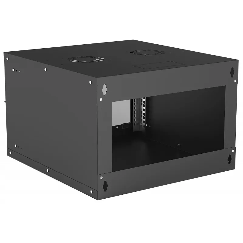 Szafa sieciowa 19 cali Intellinet do montażu na ścianie (Basic), 6U, głębokość 560 mm, czarna, płaski pakiet, maks. 50 kg, głębokość użytkowa 500 mm, szklane drzwi, stelaż, elementy do montażu na ścianie (np. wkręty i kołki) nie są dołączone