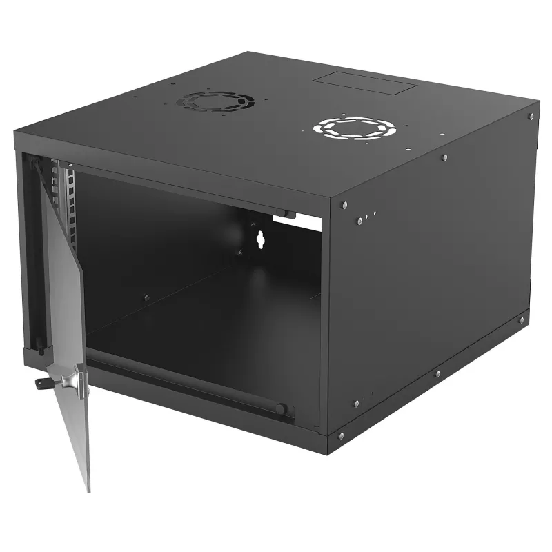 Szafa sieciowa 19 cali Intellinet do montażu na ścianie (Basic), 6U, głębokość 560 mm, czarna, płaski pakiet, maks. 50 kg, głębokość użytkowa 500 mm, szklane drzwi, stelaż, elementy do montażu na ścianie (np. wkręty i kołki) nie są dołączone