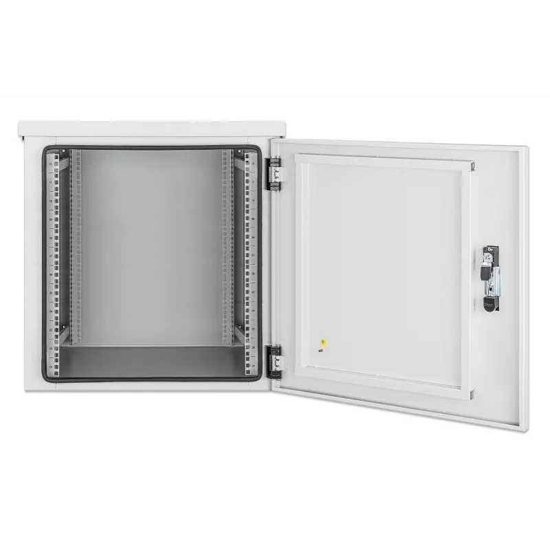Intellinet Industrial IP55 19-calowa szafka wisząca na ścianę ze zintegrowanymi wentylatorami, 12U, głębokość 600 mm, zespół wentylacyjny z dwoma wentylatorami montowany na dachu, obudowa pyło- i wodoszczelna, zmontowana, jasnoszary RAL7035