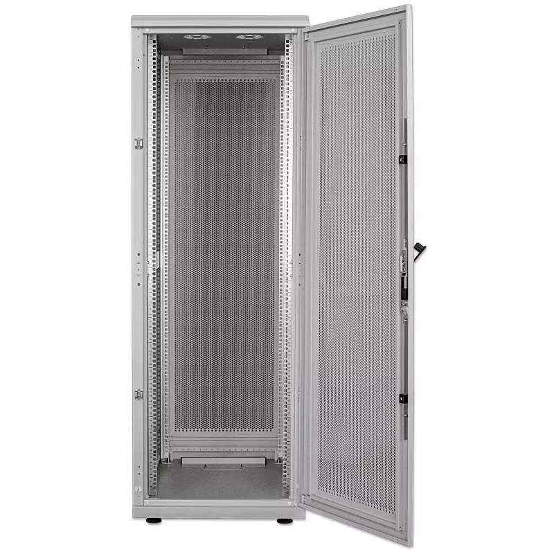 Intellinet Szafa serwerowa 19 cali – wolnostojąca, 42U, 600x1000mm (szerokość x głębokość), szara, zmontowana, maks. 1500kg, wielopunktowy zamek drzwi, jeden zamek na panel boczny, głębokość użytkowa od 123 do 773mm, IP20, stelaż, stal