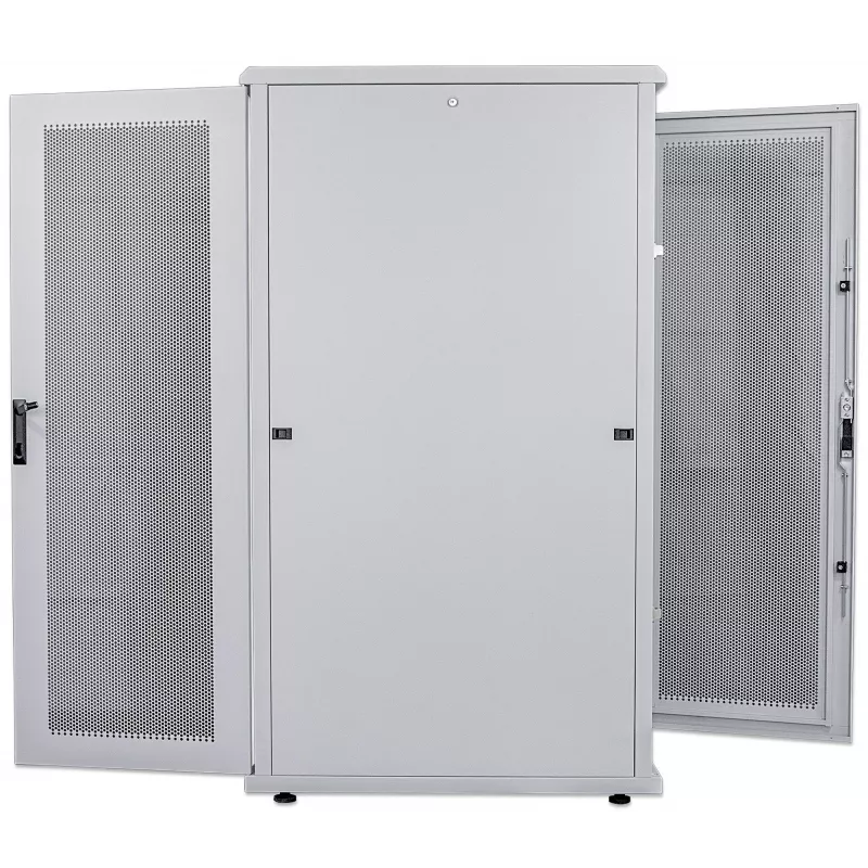 Intellinet Szafa serwerowa 19 cali – wolnostojąca, 42U, 600x1000mm (szerokość x głębokość), szara, zmontowana, maks. 1500kg, wielopunktowy zamek drzwi, jeden zamek na panel boczny, głębokość użytkowa od 123 do 773mm, IP20, stelaż, stal