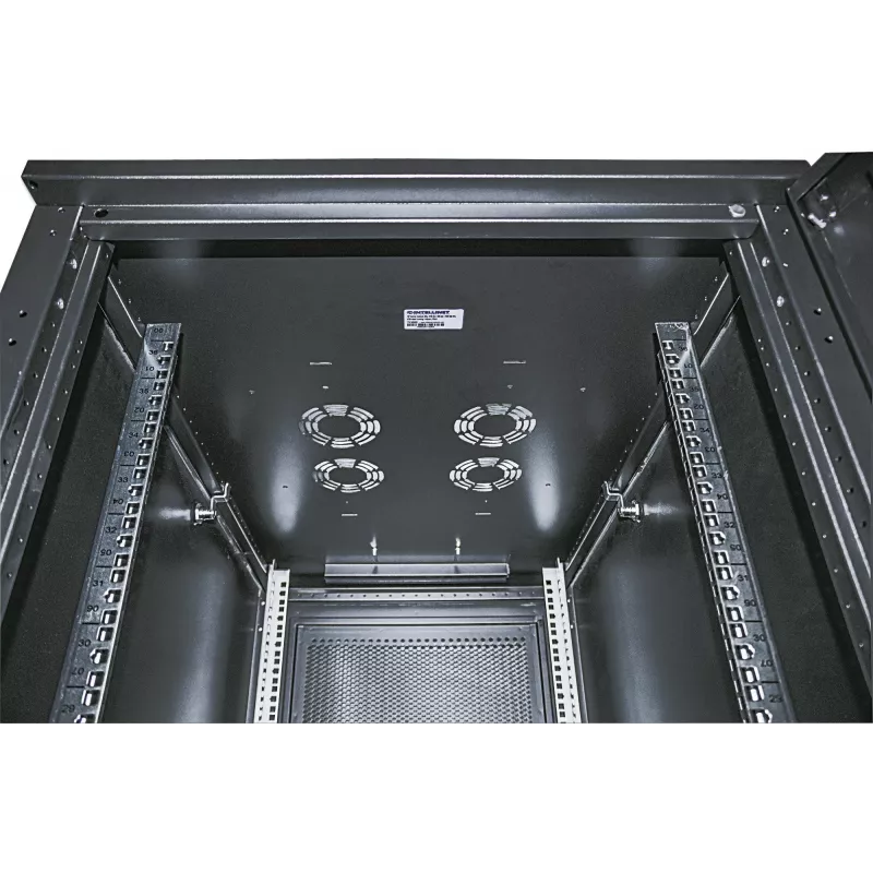 Intellinet 19-calowa szafa serwerowa – wolnostojąca, 42U, 600x1000 mm (szer. x gł.), czarna, zmontowana, maks. 1500 kg, wielopunktowy zamek drzwi, jeden zamek na panel boczny, głębokość użytkowa 123–773 mm, stopień ochrony IP20, stelaż, stal