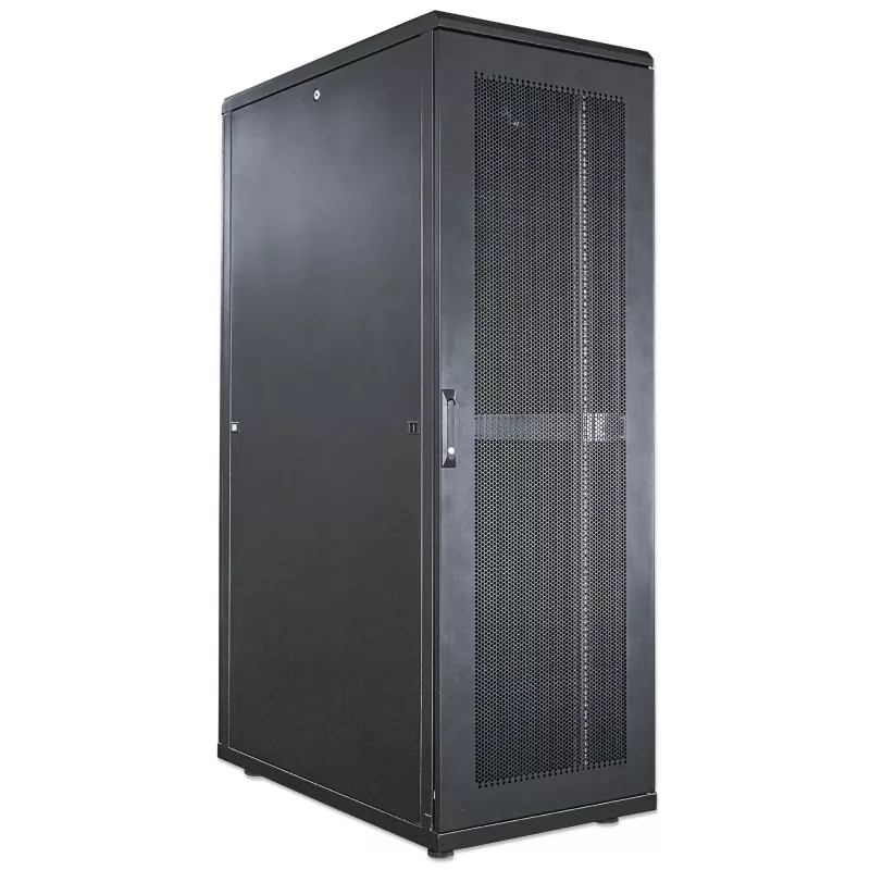 Szafa serwerowa 19-calowa Intellinet – wolnostojąca, 42U, 600x1000mm (szer. x gł.), czarna, Flatpack, maks. 1500 kg, wielopunktowy zamek drzwi, jedna blokada na panel boczny, głębokość użytkowa od 123 do 773 mm, IP20, szafa, stal