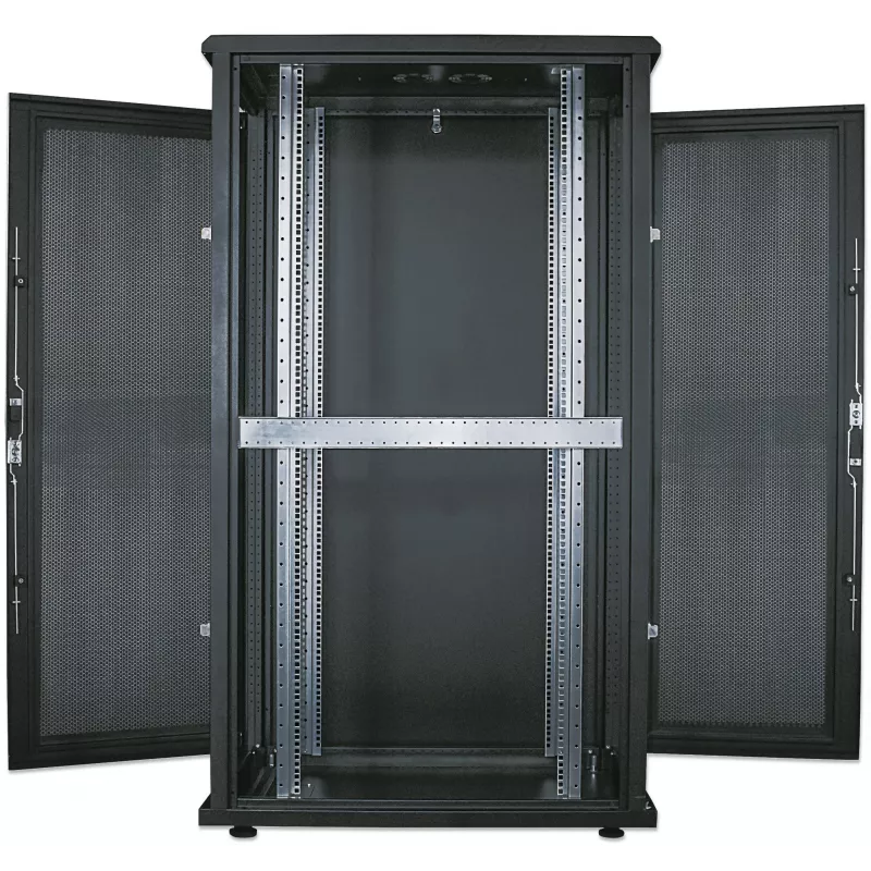 Szafa serwerowa 19-calowa Intellinet – wolnostojąca, 42U, 600x1000mm (szer. x gł.), czarna, Flatpack, maks. 1500 kg, wielopunktowy zamek drzwi, jedna blokada na panel boczny, głębokość użytkowa od 123 do 773 mm, IP20, szafa, stal