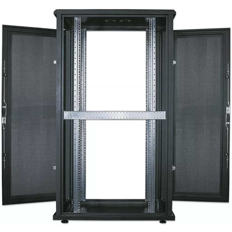 Szafa serwerowa 19-calowa Intellinet – wolnostojąca, 42U, 600x1000mm (szer. x gł.), czarna, Flatpack, maks. 1500 kg, wielopunktowy zamek drzwi, jedna blokada na panel boczny, głębokość użytkowa od 123 do 773 mm, IP20, szafa, stal