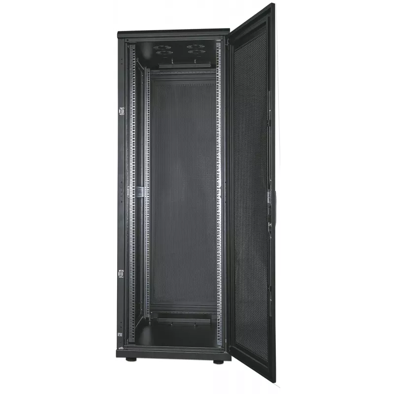 Intellinet 19-calowa szafa serwerowa - wolnostojąca, 42U, 800x1000mm (szer. x gł.), czarna, zmontowana, maks. 1500 kg, wielopunktowy zamek drzwi, jeden zamek na panel boczny, głębokość użytkowa 123 do 773 mm, IP20, stelaż, stal