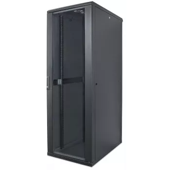 Intellinet 19-calowa szafa sieciowa - wolnostojąca, 42U, 800x800mm (szerokość x głębokość), czarna, w paczce płaskiej, maks. 1500 kg, zamek wielopunktowy drzwi, jedna blokada na panel boczny, głębokość użytkowa 123 do 573 mm, IP20, stelaż, stal