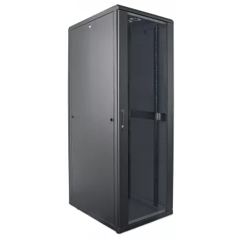 Intellinet 19-calowa szafa sieciowa - wolnostojąca, 42U, 800x800mm (szerokość x głębokość), czarna, w paczce płaskiej, maks. 1500 kg, zamek wielopunktowy drzwi, jedna blokada na panel boczny, głębokość użytkowa 123 do 573 mm, IP20, stelaż, stal