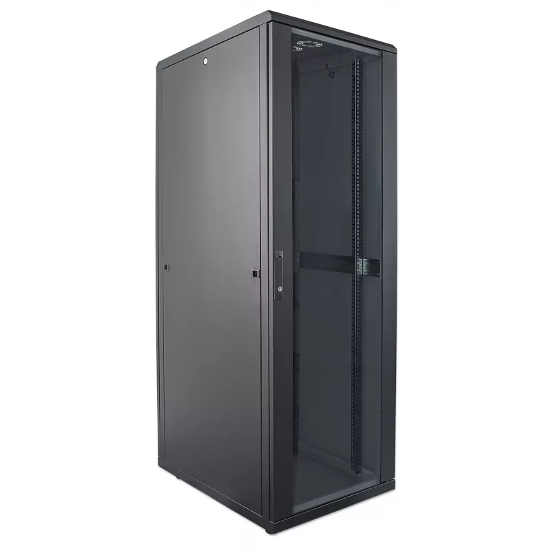 Intellinet 19-calowa szafa sieciowa - wolnostojąca, 42U, 800x800mm (szerokość x głębokość), czarna, w paczce płaskiej, maks. 1500 kg, zamek wielopunktowy drzwi, jedna blokada na panel boczny, głębokość użytkowa 123 do 573 mm, IP20, stelaż, stal