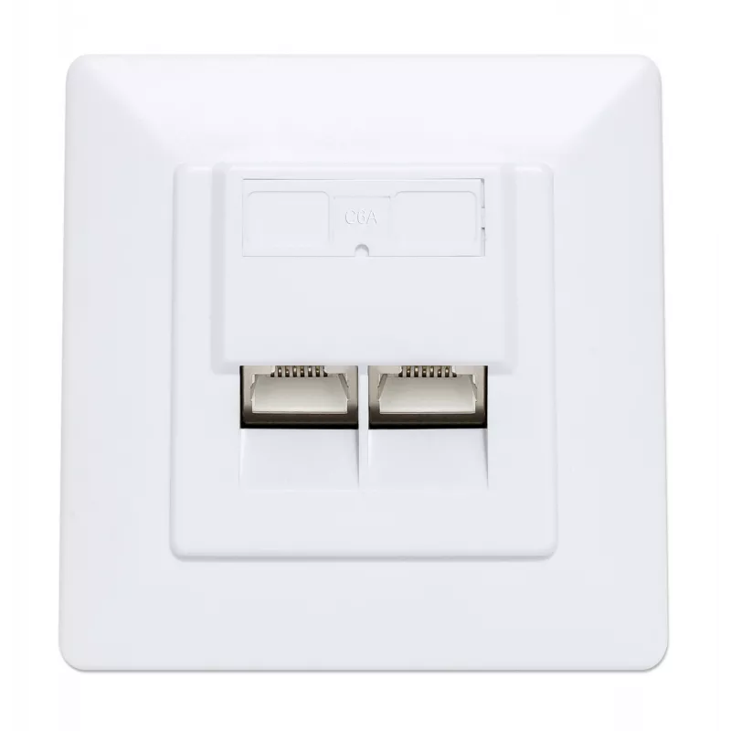 Intellinet 2-portowa ekranowana płyta czołowa Cat6a 10G RJ45 do montażu podtynkowego z ramką, STP, biały sygnałowy RAL9003