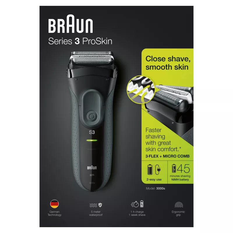 Golarka Braun Series 3 Series 3000, golarka foliowa, czarna, 2 SensoFoil, LED, zasilanie, AC/akumulatorowa