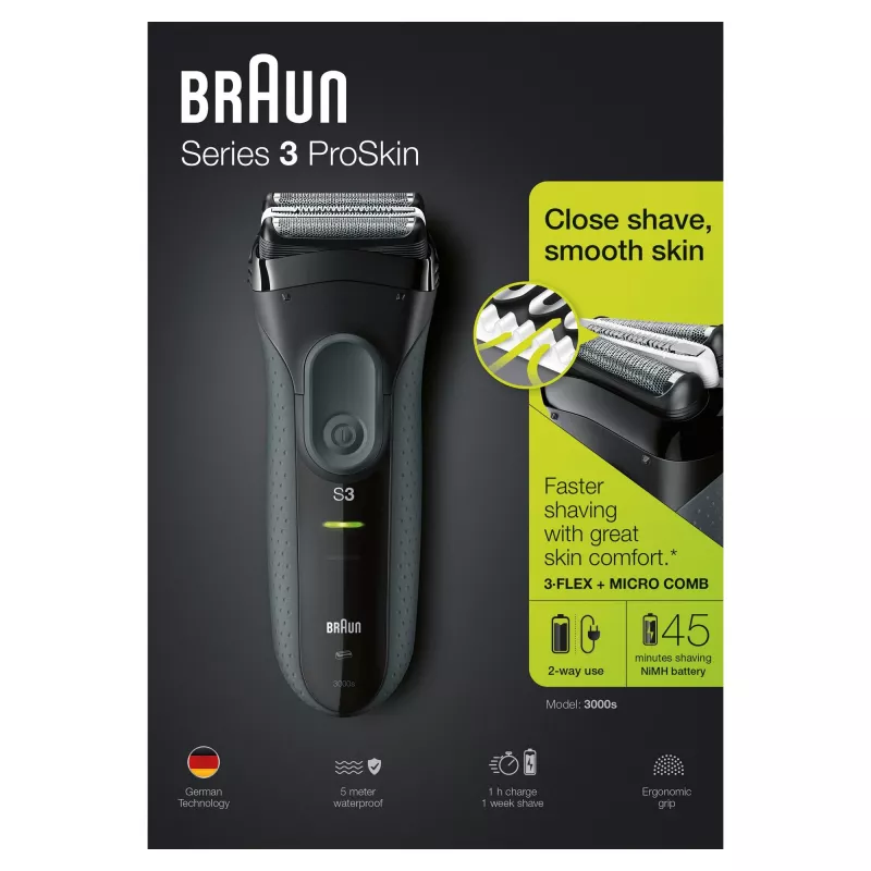 Golarka Braun Series 3 Series 3000, golarka foliowa, czarna, 2 SensoFoil, LED, zasilanie, AC/akumulatorowa