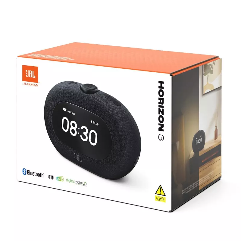 Radio zegarowe JBL HORIZON 3 — DAB/DAB+/FM, 5 W RMS, 65–20000 Hz, wyświetlacz LCD, głośność pokrętło, czarne