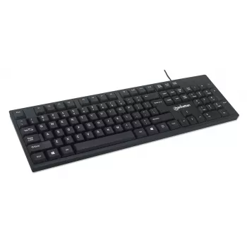 Klawiatura Manhattan USB przewodowa, czarna, pełnowymiarowe klawisze, kabel 1,5 m, złącze USB-A, Plug and Play, trzyletnia gwarancja
