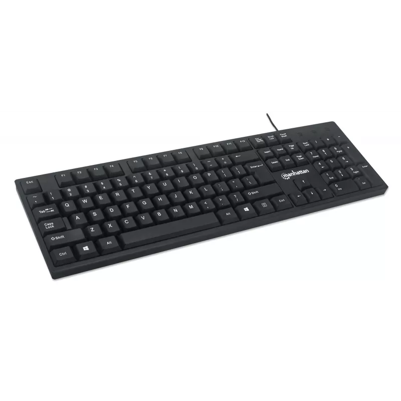 Klawiatura Manhattan USB przewodowa, czarna, pełnowymiarowe klawisze, kabel 1,5 m, złącze USB-A, Plug and Play, trzyletnia gwarancja