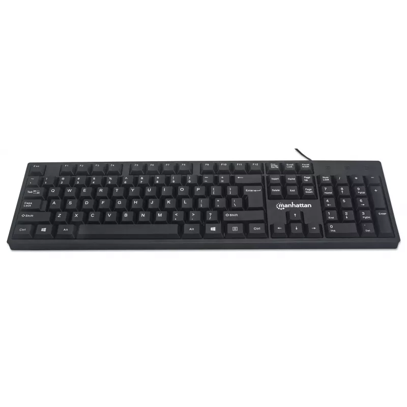 Klawiatura Manhattan USB przewodowa, czarna, pełnowymiarowe klawisze, kabel 1,5 m, złącze USB-A, Plug and Play, trzyletnia gwarancja