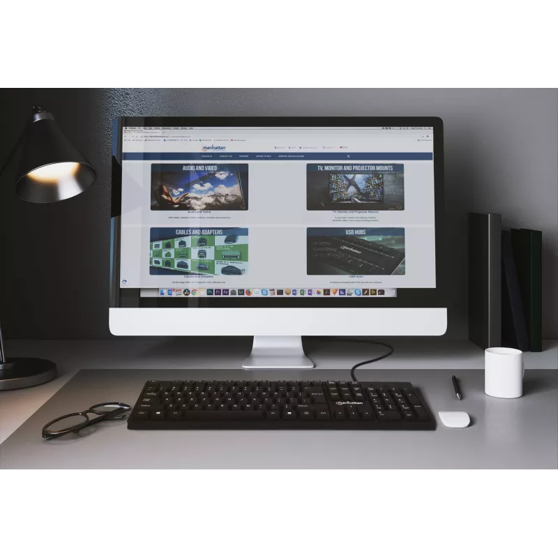 Klawiatura Manhattan USB przewodowa, czarna, pełnowymiarowe klawisze, kabel 1,5 m, złącze USB-A, Plug and Play, trzyletnia gwarancja