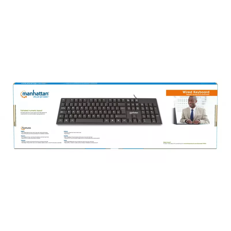 Klawiatura Manhattan USB przewodowa, czarna, pełnowymiarowe klawisze, kabel 1,5 m, złącze USB-A, Plug and Play, trzyletnia gwarancja