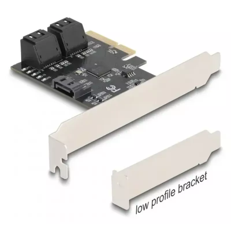 Wewnętrzny adapter SATA DELOCK 90890 — PCIe na 5× SATA (JMicron JMB585), niskoprofilowy, czarny