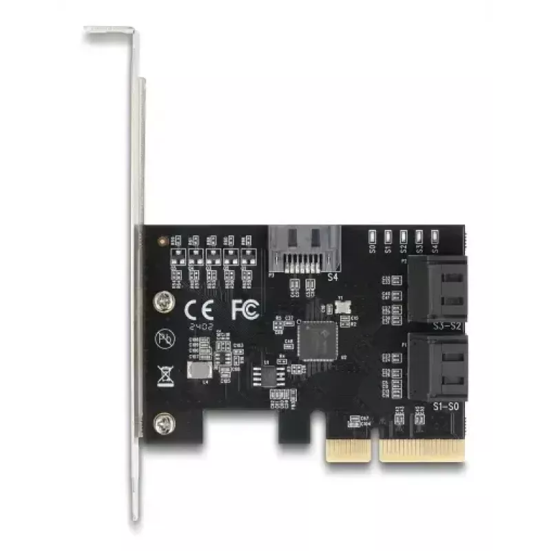 Wewnętrzny adapter SATA DELOCK 90890 — PCIe na 5× SATA (JMicron JMB585), niskoprofilowy, czarny