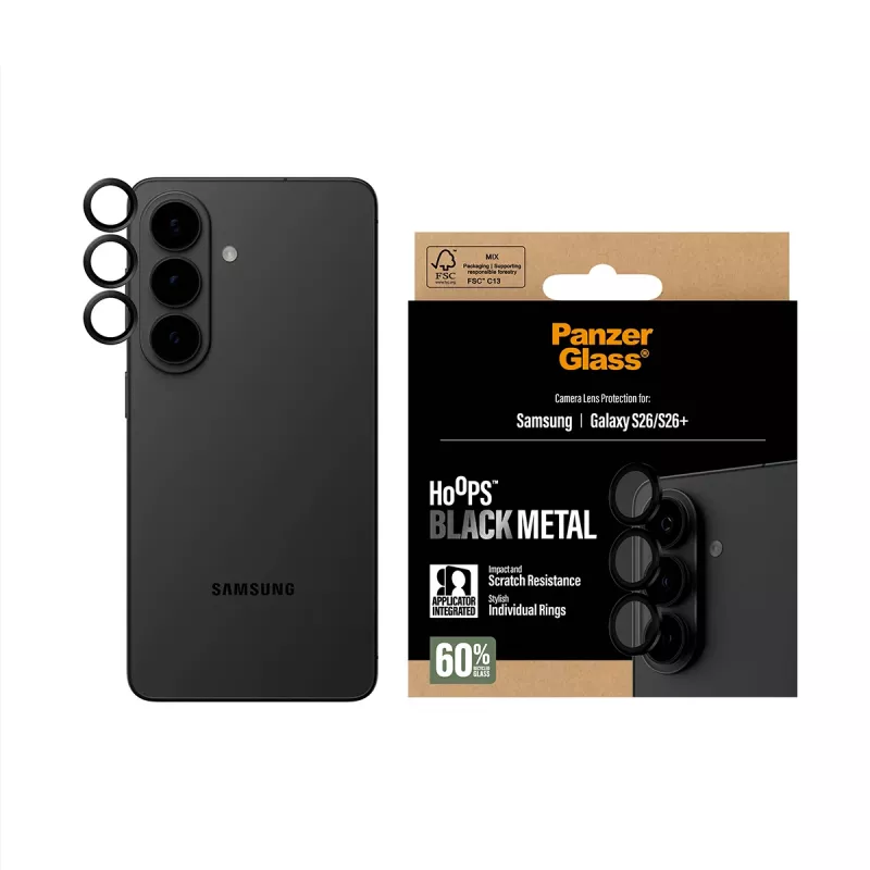 PanzerGlass Hoops Ochraniacz obiektywu aparatu Czarny do Samsung Galaxy S26 / S26+ — Szkło hartowane i silikon, odporny na zarysowania i wstrząsy
