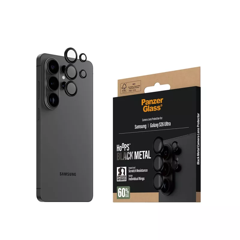 Ochrona obiektywu aparatu PanzerGlass Hoops do Samsung Galaxy S26 Ultra — Szkło hartowane, Silikon, Czarny