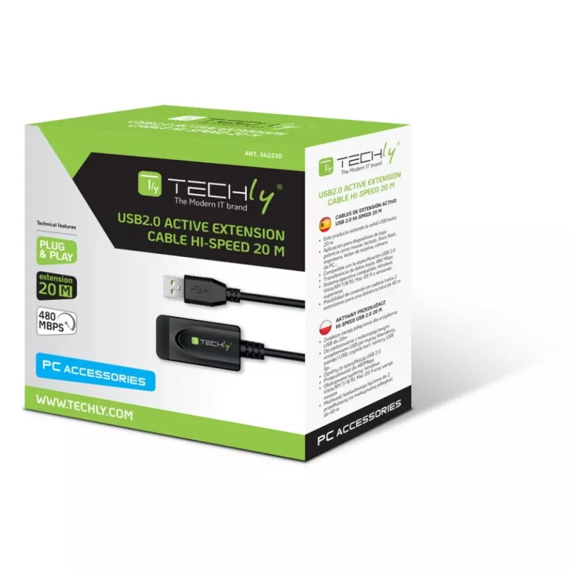 Techly IUSB-REP220TY3 kabel USB USB 2.0 20 m USB A Czarny