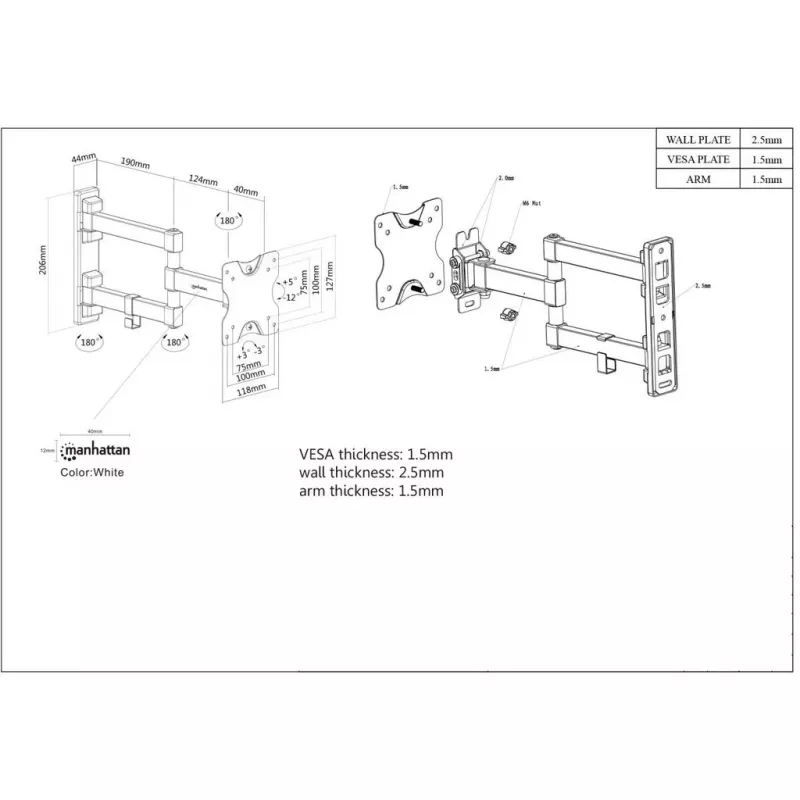 Manhattan Wall Mount for TV & Monitors (Full Motion), For screens 13 inch to 27 inch, VESA compatibility: 75x75mm and 100x100mm - check the dimensions of the four mounting holes on back of screen to ensure it fits, Max 20kg, Czarny, Bracket