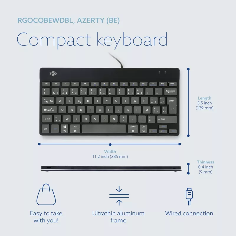 R-Go Tools Ergonomic klawiatura R-Go Compact Break, kompaktowa klawiatura z oprogramowaniem przerw, AZERTY (BE), przewodowa, czarna