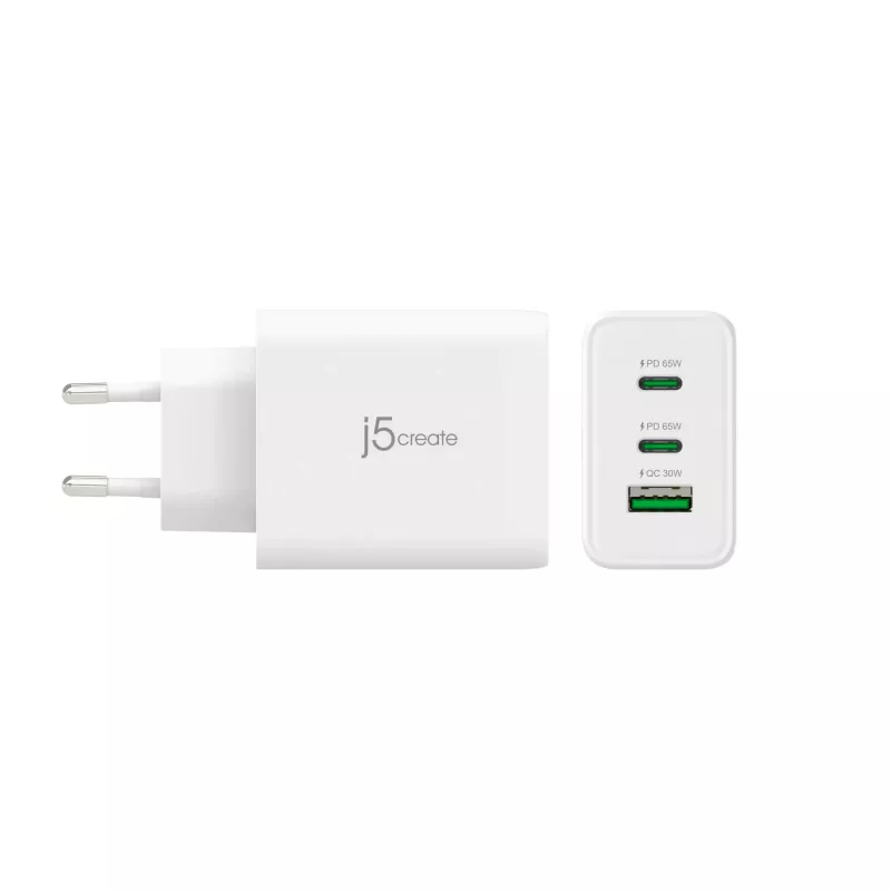 j5create JUP3365E-EN 65W GaN USB-C® 3-portowa ładowarka, wewnętrzna, AC, biała