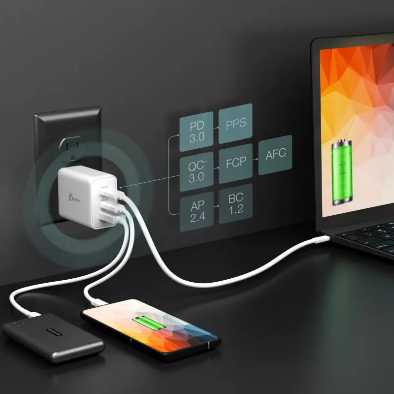 j5create JUP3365E-EN 65W GaN USB-C® 3-portowa ładowarka, wewnętrzna, AC, biała