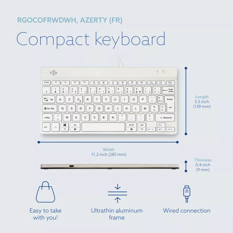 R-Go Tools Klawiatura ergonomiczna R-Go Compact Break, kompaktowa klawiatura z oprogramowaniem przerw, AZERTY (FR), przewodowa, biała
