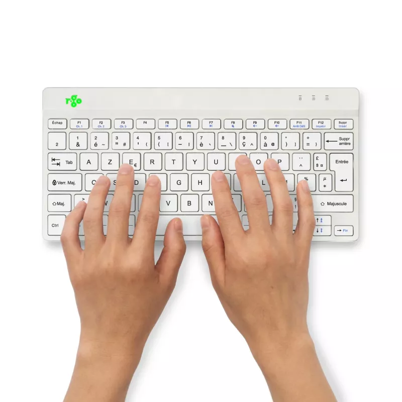 Ergonomiczna klawiatura R-Go Tools R-Go Compact Break, klawiatura kompaktowa z oprogramowaniem przerw, AZERTY (FR), Bluetooth, biała
