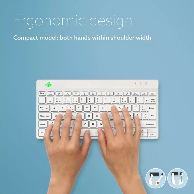 Ergonomiczna klawiatura R-Go Tools R-Go Compact Break, klawiatura kompaktowa z oprogramowaniem przerw, AZERTY (FR), Bluetooth, biała