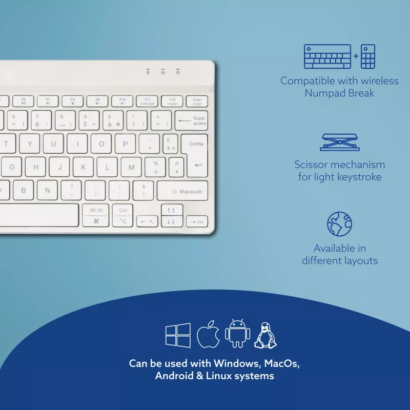 Ergonomiczna klawiatura R-Go Tools R-Go Compact Break, klawiatura kompaktowa z oprogramowaniem przerw, AZERTY (FR), Bluetooth, biała