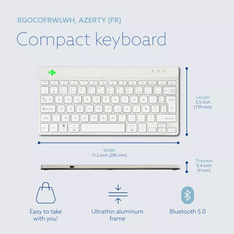 Ergonomiczna klawiatura R-Go Tools R-Go Compact Break, klawiatura kompaktowa z oprogramowaniem przerw, AZERTY (FR), Bluetooth, biała