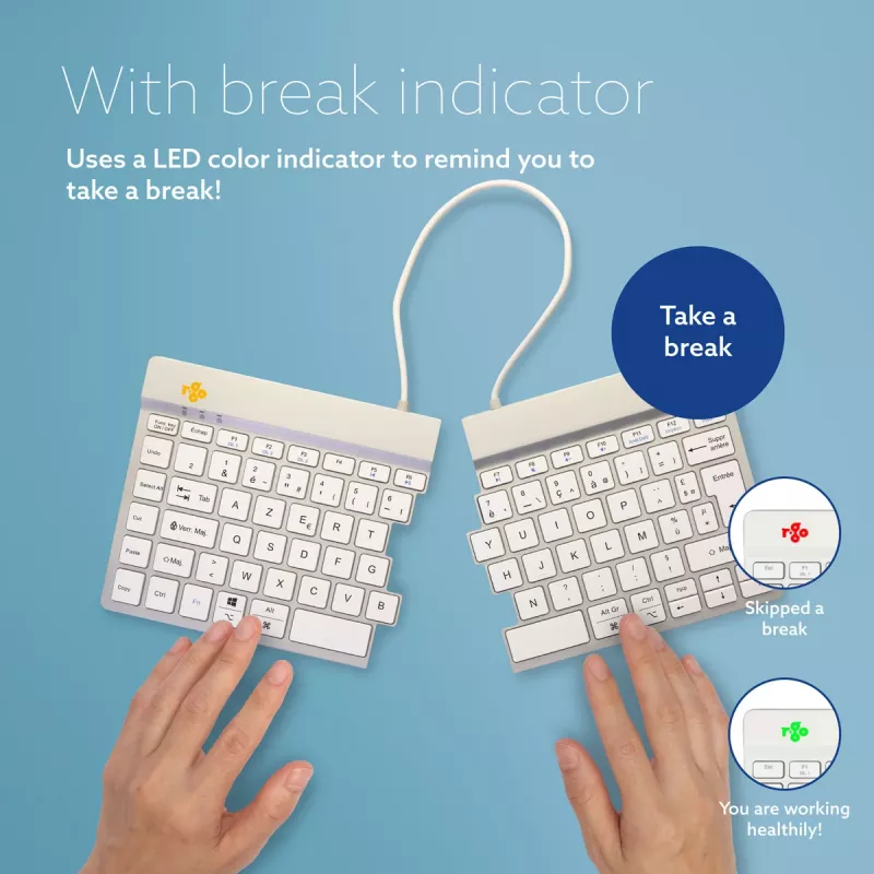 Ergonomiczna klawiatura R-Go Split Break z oprogramowaniem do przerw, ergonomiczna dzielona klawiatura, AZERTY (FR), Bluetooth, biała